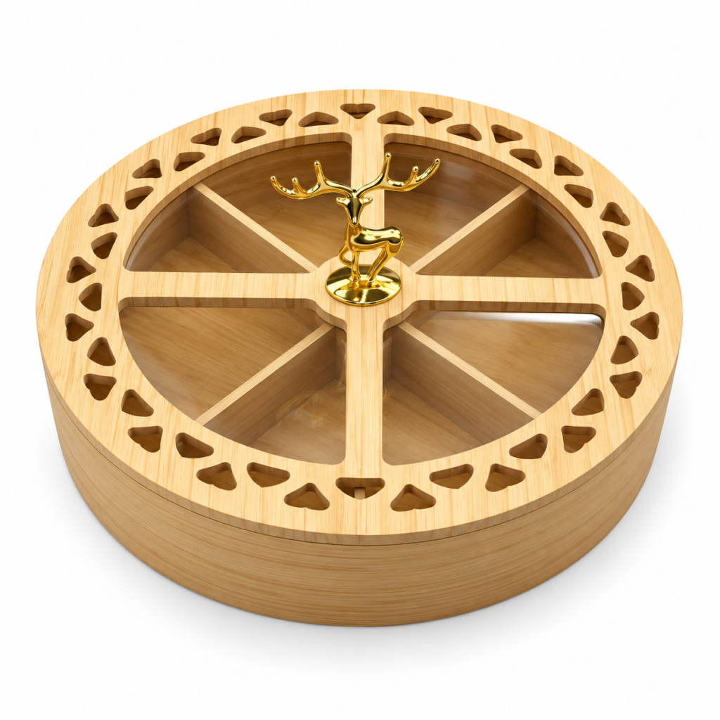 Light Wood Divided Serving Box with Clear Lid & Gold Deer Handle