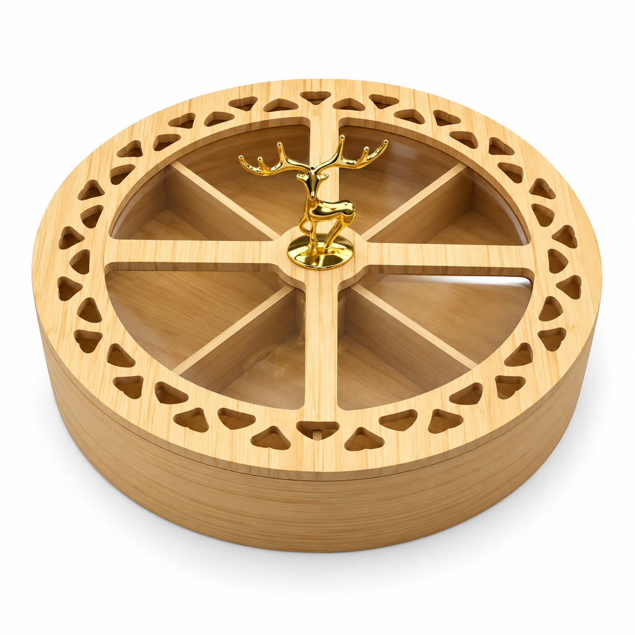 Light Wood Divided Serving Box with Clear Lid & Gold Deer Handle