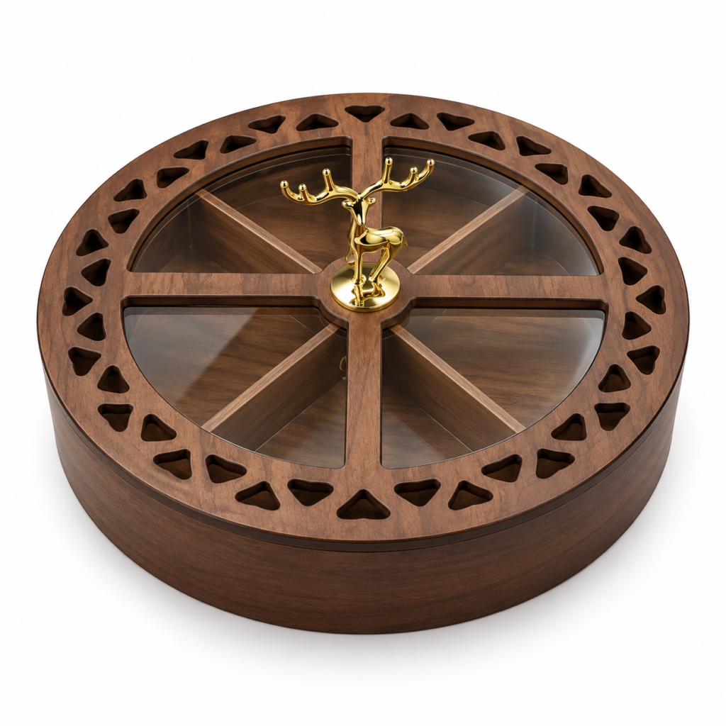 Dark Walnut Divided Serving Box with Clear Lid & Gold Deer Handle