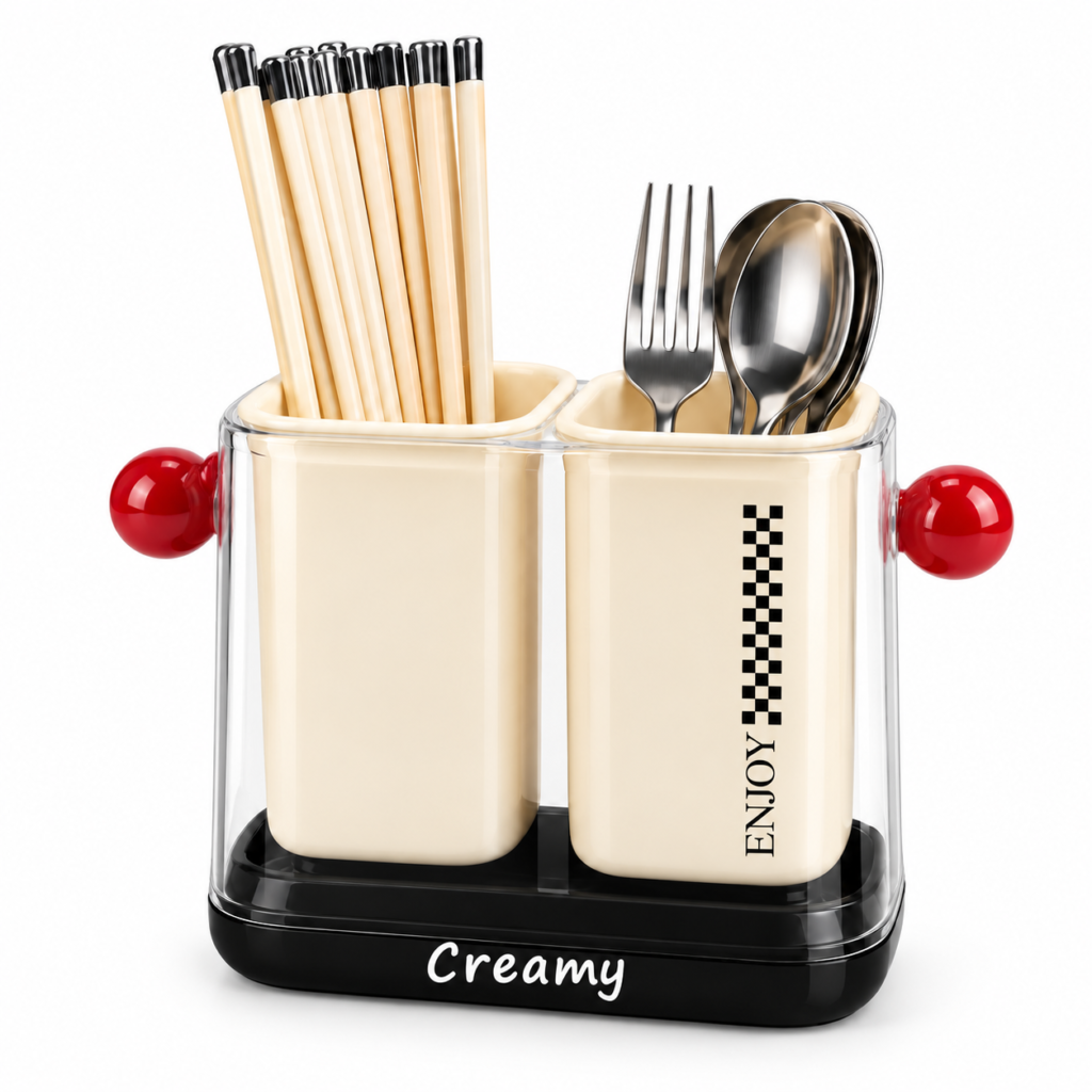 Retro Dual Cutlery Organizer & Spoon Holder with Cream Finish