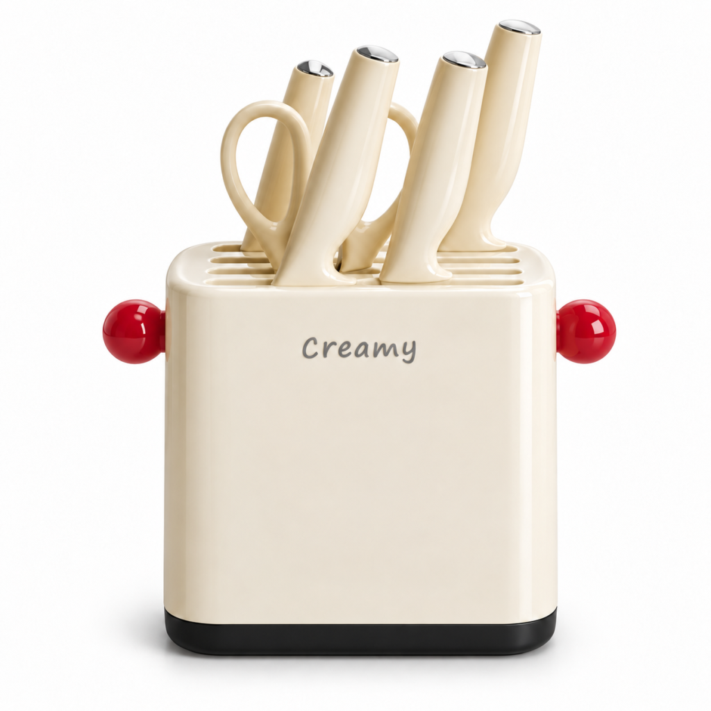 Modern Kitchen Knife Set with Elegant Cream Holder & Red Accents