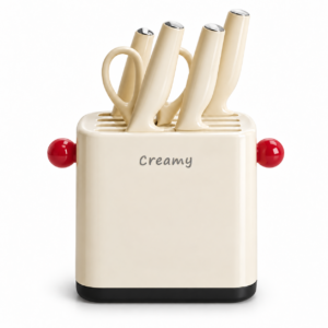 Modern Kitchen Knife Set with Elegant Cream Holder & Red Accents