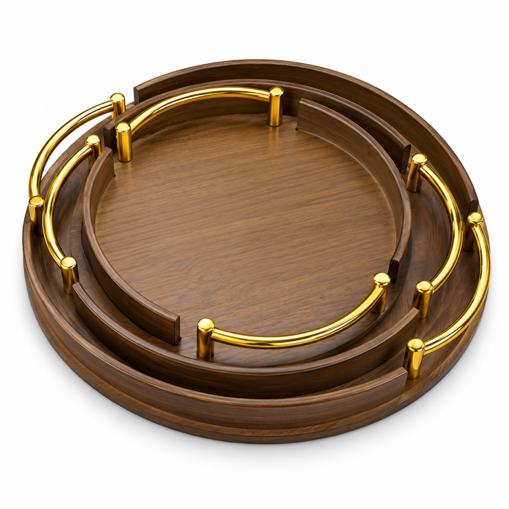 Set of 3 Nested Walnut Serving Trays with Luxurious Gold Rails