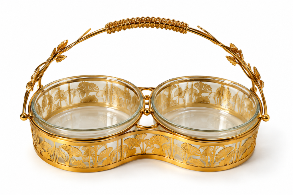 Ornate Gold Double Bowl Serving Tray with Leaf Motif