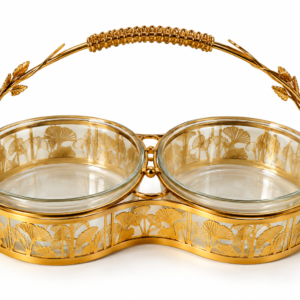 Ornate Gold Double Bowl Serving Tray with Leaf Motif