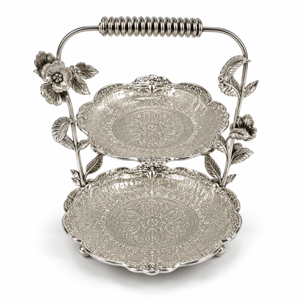 Ornate Silver Two-Tier Floral Serving Stand